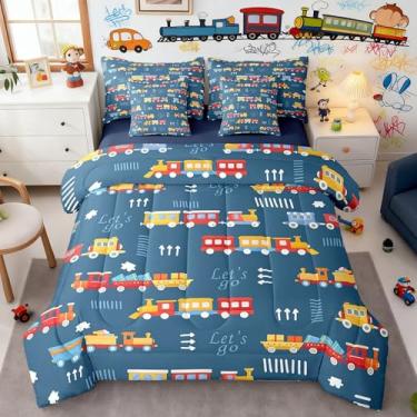 Imagem de Conjunto de edredom completo com desenho animado de trem de desenho animado à mão, hippie, vermelho e amarelo, trens fofos para todas as estações, lençol de cima, lençol com elástico, 2 fronhas, 2