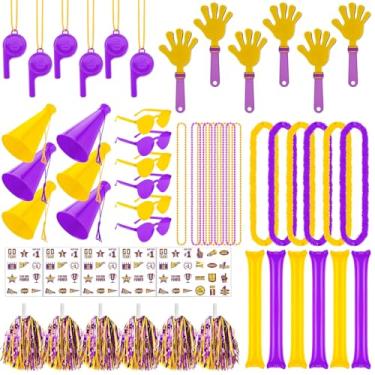 Imagem de Soulchen 180 peças amarelo roxo escola espírito de equipe acessórios a granel Team Spirit Day sortido vara de trovão apito apito de mão megafone torcida pompons óculos adesivo para esportes