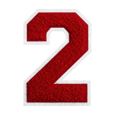 Imagem de 1 peça de patch de número de chenille vermelho de 15 cm com borda branca – adesivos do alfabeto para roupas, jaquetas, mochilas, chapéus para decoração personalizada, nome personalizado e artesanato