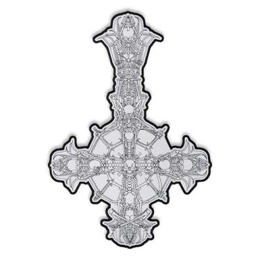 Imagem de Novo patch bordado Grucifix inspirado em fantasmas – arte de fã de banda de rock com borda preta, poliéster à prova de desbotamento, borda acabada à mão – 12 × 43 cm para jaquetas e coletes de