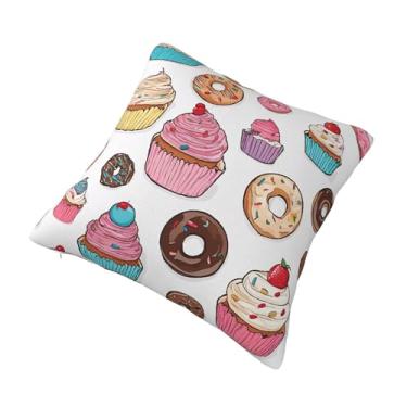 Imagem de Almofada quadrada decorativa com estampa de cupcake - Design reversível, zíper oculto, poliéster macio para sofá, cama e carro - Hipoalergênico 45,72 cm x 45,72 cm