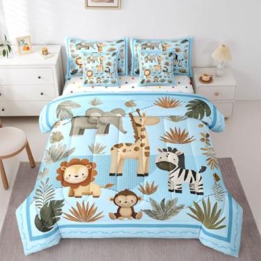 Imagem de Feelyou Conjunto de edredom fofo com 7 peças, solteiro, desenho de leão, girafa, para crianças, meninos, meninas, zoológico, animais selvagens, microfibra macia