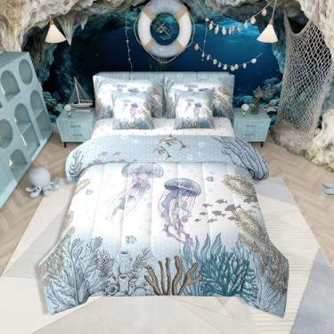 Imagem de Erosebridal Jogo de cama com água-viva oceânica, 7 peças, azul-petróleo, mar, litoral, Queen, animais subaquáticos, animais subaquáticos, para crianças, meninos, meninas, recifes de corais, peixes,