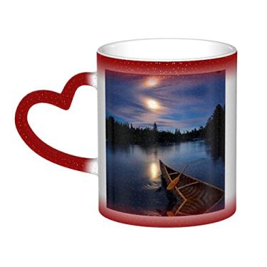 Imagem de Canoa iluminada pela lua Allagash River Caneca de café divertida, xícara de cerâmica mágica sensível ao calor que muda de cor, 12 Oz, para café/chá/leite/cacau, para adolescente/aniversário/festival