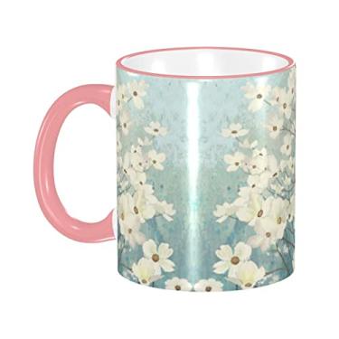 Imagem de Ourdovi Caneca de café expresso de cerâmica Spring Dogwood Blossoms, caneca de cerâmica revestida DIY, para café, sopa, chá, leite, latte, cacau quente, colorido divertido 350 ml