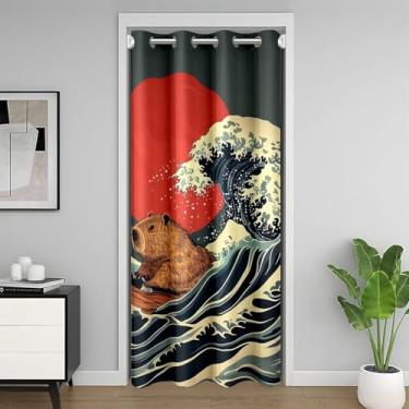 Imagem de jejeloiu Cortina de porta com tema japonês Ukiyoe para privacidade de porta capivara capa de armário cortina divisória de quarto de onda japonesa 86 cm x 203 cm sol vermelho quarto sala de estar