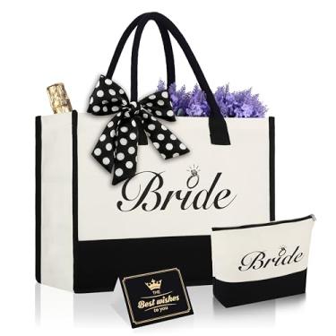 Imagem de butarfe Bolsa de lona de noiva com bolsa de maquiagem, preto e branco, bolsa de presente de chá de panela, grande, para presente de casamento, festa de despedida de solteira, noivado, lua de mel