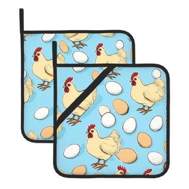 Imagem de Conjunto de tapete de panela quadrado resistente ao calor com estampa criativa de galinha, 2 peças antiderrapantes com alças para pendurar, para balcão de cozinha e proteção de mesa de jantar.