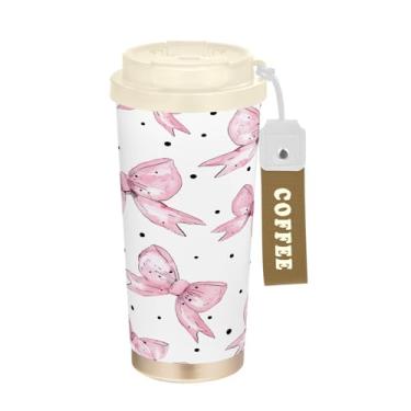 Imagem de YETTASBIN Caneca de café Bow Pink com isolamento térmico de 482 g com tampa canudo, copo à prova de derramamento e vazamento com alça para bebida quente e fria, garrafa de água de aço inoxidável