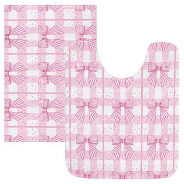 Imagem de Burbuja Conjunto de tapetes de banheiro xadrez com laços cor-de-rosa, tapete de banho macio e absorvente, base antiderrapante para banheiro
