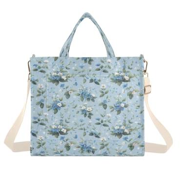 Imagem de Burbuja Sacola feminina com flores azuis, bolsa tiracolo de veludo cotelê, bolsa transversal para compras, trabalho, viagem, P, B54, Medium