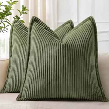 Imagem de decorUhome Capas de almofada de veludo cotelê verde oliva de Natal 66 x 66 conjunto de 2 fronhas decorativas macias Boho Farmhouse Euro para sala de estar, cama, sofá, listras largas