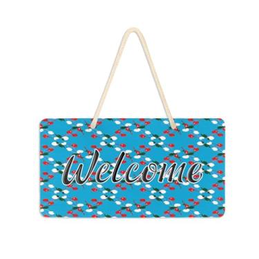 Imagem de Burbuja Placa de boas-vindas Cherries on Blue para porta da frente, placa de boas-vindas de PVC para decoração de férias, 15 x 28 cm