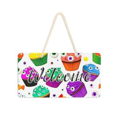 Imagem de Burbuja Placa de boas-vindas colorida para cupcakes de Halloween para porta da frente, placa de boas-vindas de PVC para decoração de férias, 15 x 28 cm
