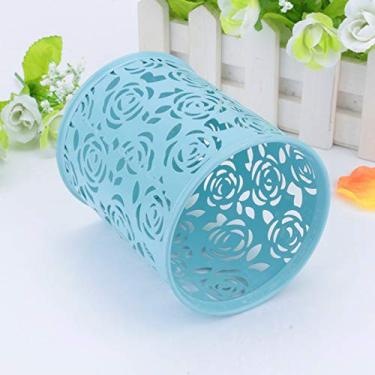 Imagem de Porta-lápis com Padrão de Flor Rosa oca para Mesa Escritório recipiente organizador estudantes professores e profissionais metálico prático