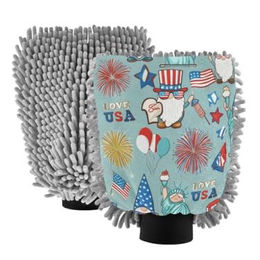 Imagem de STAYTOP Luvas de lavagem de carro com gnomos Dia da Independência, 2 peças, luvas de microfibra de chenille, sem arranhões, panos de esponja de lavagem ultra absorventes para carros, limpeza doméstica