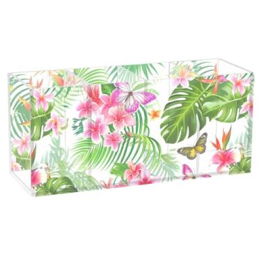 Imagem de Burbuja Porta-canetas de acrílico com flores tropicais, 4 compartimentos, suporte de lápis transparente para pincéis de maquiagem, acessórios de mesa de escritório em casa