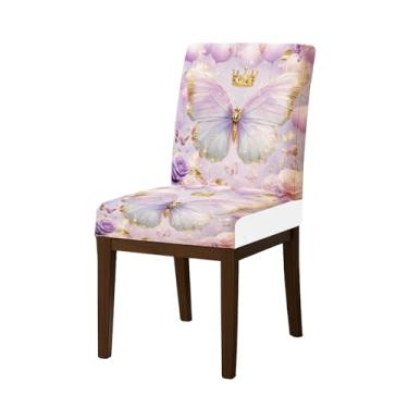 Imagem de HOMETITUTE Capas de cadeira de alta elasticidade para cadeiras de jantar, laváveis, conjunto de 4 capas macias de assento de cozinha, borboleta roxa brilhante para casa, hotel, restaurante, banquete
