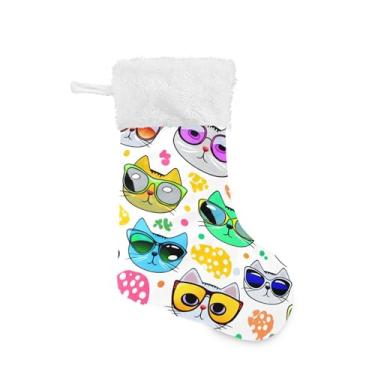 Imagem de Burbuja Caras de gato com desenho animado usando óculos de sol, meia de Natal de 45,72 cm com punho branco, decorações de festa de Natal em família, 1 pacote