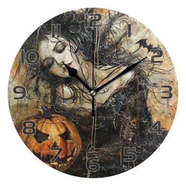 Imagem de YETTASBIN Relógio de parede de bruxa de Halloween, silencioso, sem tique-taque, operado por bateria, relógio redondo decorativo criativo para cozinha, sala de estar, banheiro, decoração de escritório
