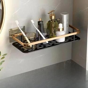 Imagem de Prateleira para banheiro sem furos — Rack de armazenamento para banheiro, fixado com adesivo de alta resistência, à prova d'água e à prova de ferrugem. (preto dourado retangular)