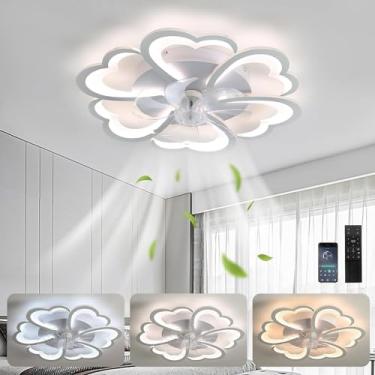 Imagem de Ventilador de teto com lustre, controle remoto, LED dimerizável, design de pás em formato de flor, 90 cm, reversível, 6 velocidades, com iluminação integrada, ideal para quarto, cozinha, sal