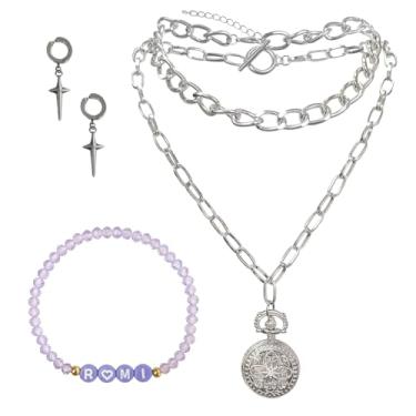 Imagem de NEOVISTA Conjunto de joias Demon Hunters Rumi – Colar de corrente, brincos de cruz e pulseira elástica de contas de vidro com letras RUMI, acessórios de fantasia inspirados em fãs