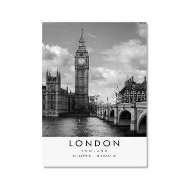 Imagem de Pôster de viagem preto e branco impressão paisagem da cidade do mundo pintura em tela arte de parede de Londres decoração de casa (16 x 24 polegadas (40 x 60 cm), sem moldura)
