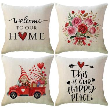 Imagem de ULOVE LOVE YOURSELF Capas de almofada Spring Welcome para decoração de casa de fazenda dia dos namorados vintage caminhão vermelho com rosas fronhas decorativas românticas rústicas 45 x 45 cm, pacote