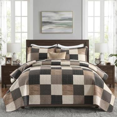 Imagem de DDUOXIN Conjunto de colcha queen - 100% algodão com 2 fronhas, colcha xadrez rústica country leve e fina para todas as estações, carvão/bege/marrom, queen (228 cm L x 248 cm C)