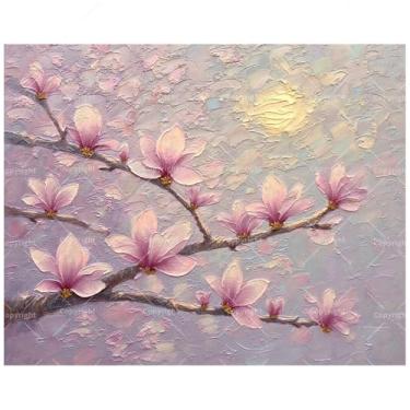 Imagem de Kit de pintura de flor de cerejeira por números para adultos – Pintura floral iluminada pela lua DIY em tela 40,6 x 50 cm, conjunto de tinta acrílica emoldurada, adequado para iniciantes, arte para