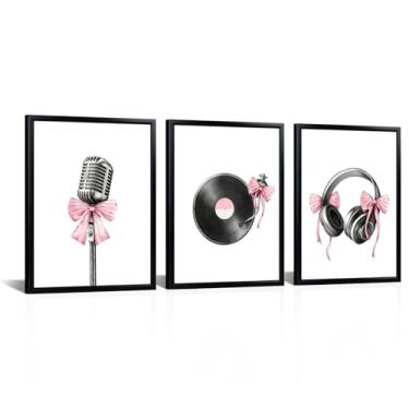 Imagem de Gravuras de disco de vinil emolduradas para parede com microfone com laços rosa pintura estúdio musical decoração de parede quarto feminino
