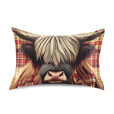 Imagem de Lindas Fronhas de Cetim Vermelho Xadrez Vaca Highland Floral Refrescante Capa de Almofada Personalizada Padrão King Queen Capas de Travesseiro Tamanho Padrão 66 cm x 50 cm