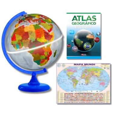 Imagem de GLOBO TERRESTRE FÍSICO POLÍTICO LUMINOSO BASE AZUL 30CM + ATLAS GEOGRÁFICO + MAPA MUNDI