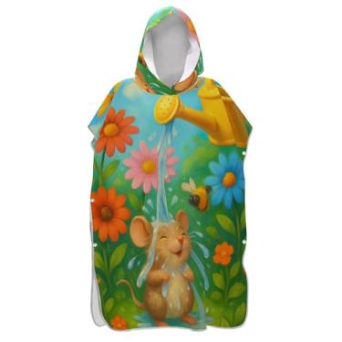 Imagem de TSENQUE Roupão para adultos poncho de surfe praia moletom toalha floral plus size jardim cena mouse flores coloridas ponchos femininos com capuz