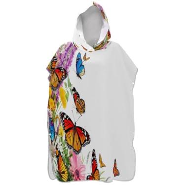 Imagem de Joisal Poncho de surfe branco com flores vibrantes borboletas trocando roupão para Adul Poncho masculino reutilizável com capuz toalha de praia floral