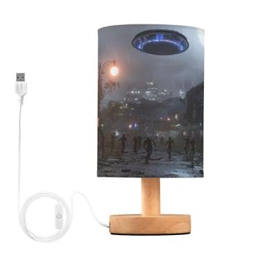 Imagem de Joisal Luminária de cabeceira UFO sobre a rua escura, candeeiros de mesa para quarto, abajur de linho para quarto, decoração de mesa de cabeceira