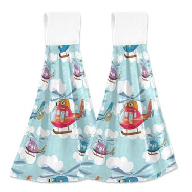 Imagem de Toalhas de mão coloridas de helicópteros nuvens azuis com laço para pendurar conjunto de toalhas de forno personalizadas com 2 toalhas de cozinha fofas ultra absorventes decoração de banheiro, 46 x 35