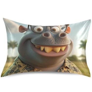 Imagem de Lindas capas de almofada de cetim engraçadas hipopótamo almofadas coloridas refrescantes King Queen capa de almofada padrão decoração de casa, tamanho padrão, 66 cm x 50 cm