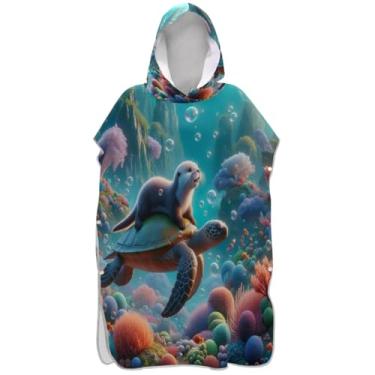 Imagem de Joisal Roupão de mudança de poncho de surfe para toalha de praia com capuz Adul Plus Size tartaruga marinha lontra bonito poncho masculino com capuz