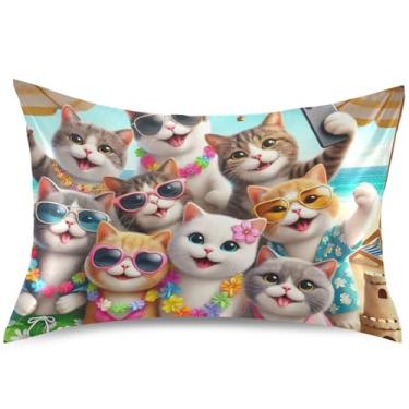 Imagem de Happy Animals Capa de almofada de cetim com gatos fofos para resfriamento de cabelo, arte fofa, padrão, Queen Size, 76 cm x 50 cm