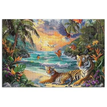 Imagem de Quebra-cabeças para adultos com pintura de praia de tigres de cenário, 1000 peças, quebra-cabeças engraçados de paisagem, jogo de arte, brinquedo