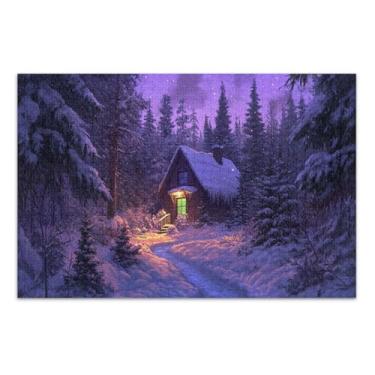 Imagem de Cabana na Floresta Nevada à Noite Quebra-cabeça de 500 peças para adultos, jogo de quebra-cabeça, jogos divertidos para adultos