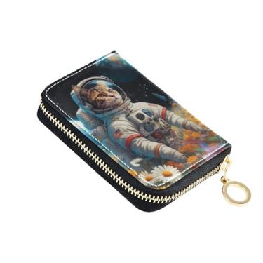 Imagem de Carteiras fofas com porta-cartões com bloqueio de RFID, zíper ao redor, carteira feminina de couro com zíper com bolsa de moedas, gato, astronauta, arte legal