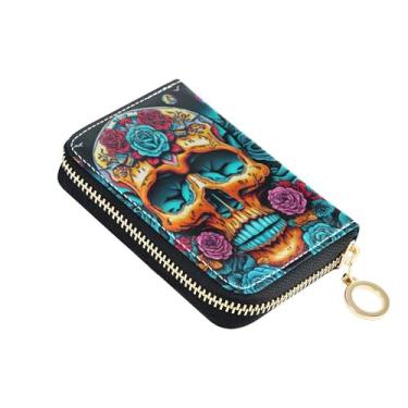 Imagem de Carteira feminina de arte com pintura de caveira azul com zíper e bloqueio de RFID, carteira pequena para moedas com zíper