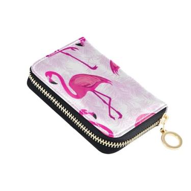 Imagem de Pink Flamingos Tropical Leaves Carteiras femininas com zíper em torno de porta-cartões bonito bloqueio RFID carteira feminina de viagem com zíper com chaveiro
