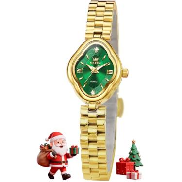 Imagem de OLEVS Relógio feminino elegante dourado luxuoso de aço inoxidável à prova d'água luminoso, L5666: pulseira dourada e mostrador verde