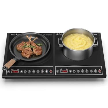 Imagem de VoltCuisine Panela de indução dupla de 61 cm, controle de botão, compartilhamento de energia de 1800 W, aquecimento contínuo de baixa potência, fogão elétrico portátil de bancada