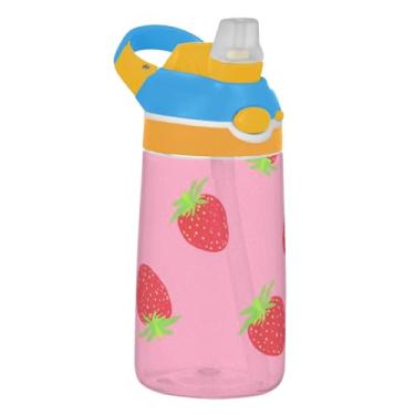 Imagem de Garrafa de água esportiva infantil rosa com estampa de morangos vermelhos para escola, 473 ml, 473 ml, garrafa de água Tritan com canudo, copos de viagem infantis à prova de vazamento, reutilizáveis