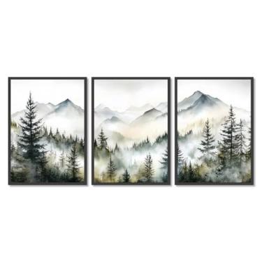 Imagem de 3 peças de arte de parede floresta nebulosa impressão aquarela montanha decoração de parede paisagem natureza árvore abstrata pintura moderna para sala de estar (SKU3-3PCS, 12 x 18 pol. = (30 x 45 cm